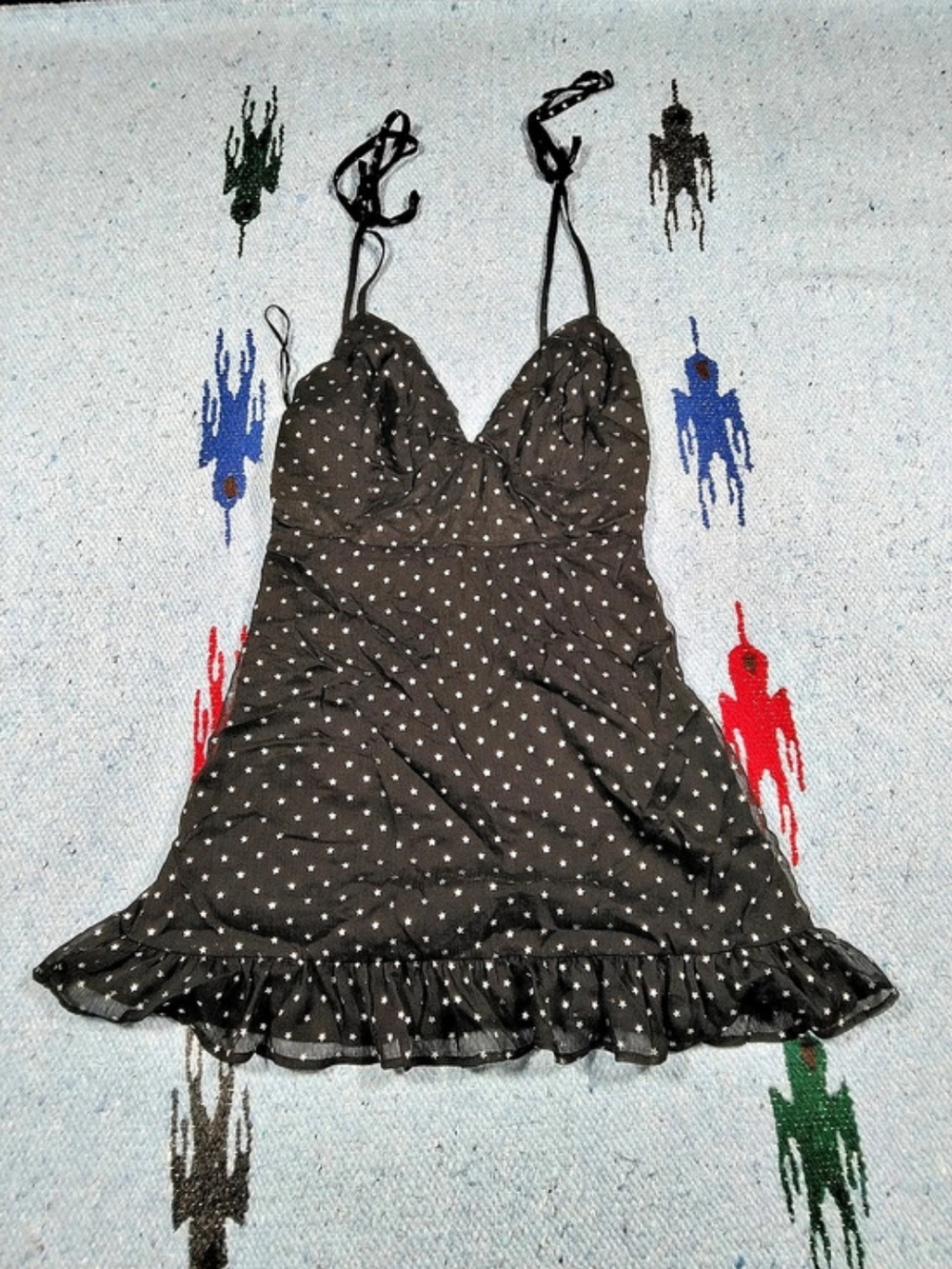Blue Blush Womens Black White Star V-Neck Ruffle Hem Chemise Size S Night Dress